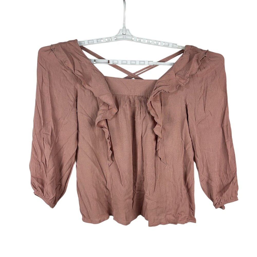 Misia Womens XL Ruffled Dusty Pink Rayon Blouse With V-Neck & Crisscross Back